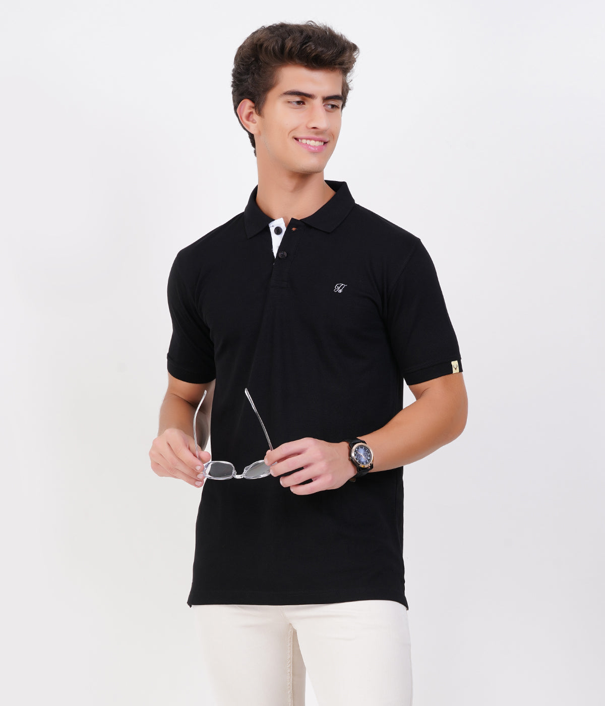 Men’s 100% Cotton Collar T-Shirt – Bio Wash Airtex, Regular Fit (Dark Black)
