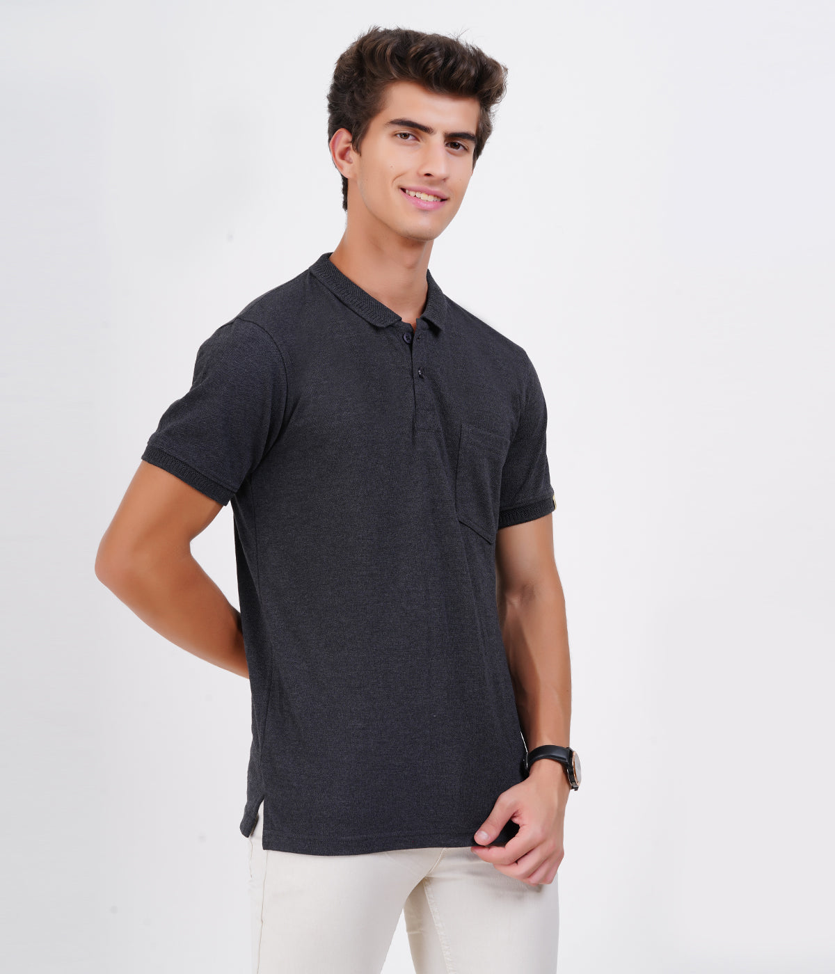 Men’s Charcoal Grey Cotton Collar T-Shirt with Pocket – Bio-Wash Finish