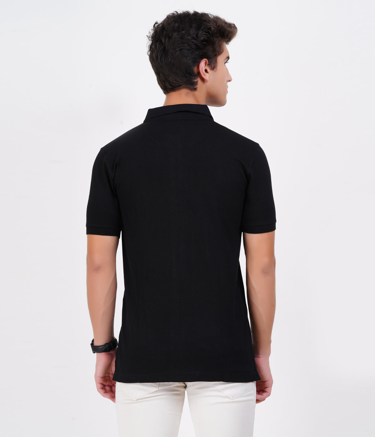 Men’s 100% Cotton Collar T-Shirt – Bio Wash Airtex, Regular Fit (Dark Black)