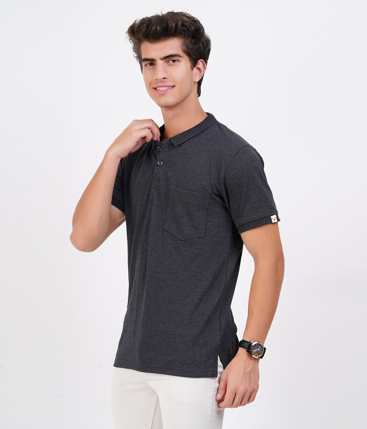 Men’s Charcoal Grey Cotton Collar T-Shirt with Pocket – Bio-Wash Finish