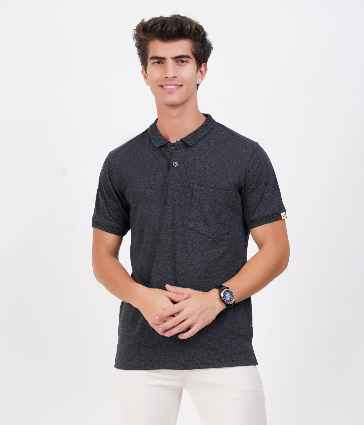 Men’s Charcoal Grey Cotton Collar T-Shirt with Pocket – Bio-Wash Finish