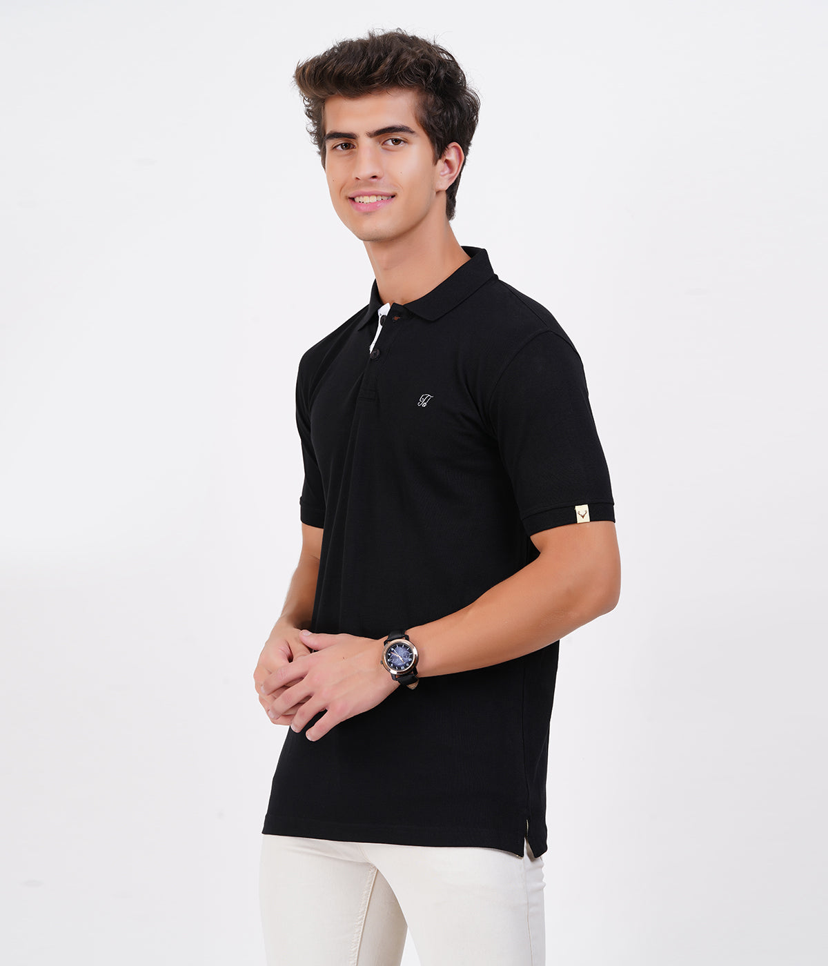 Men’s 100% Cotton Collar T-Shirt – Bio Wash Airtex, Regular Fit (Dark Black)