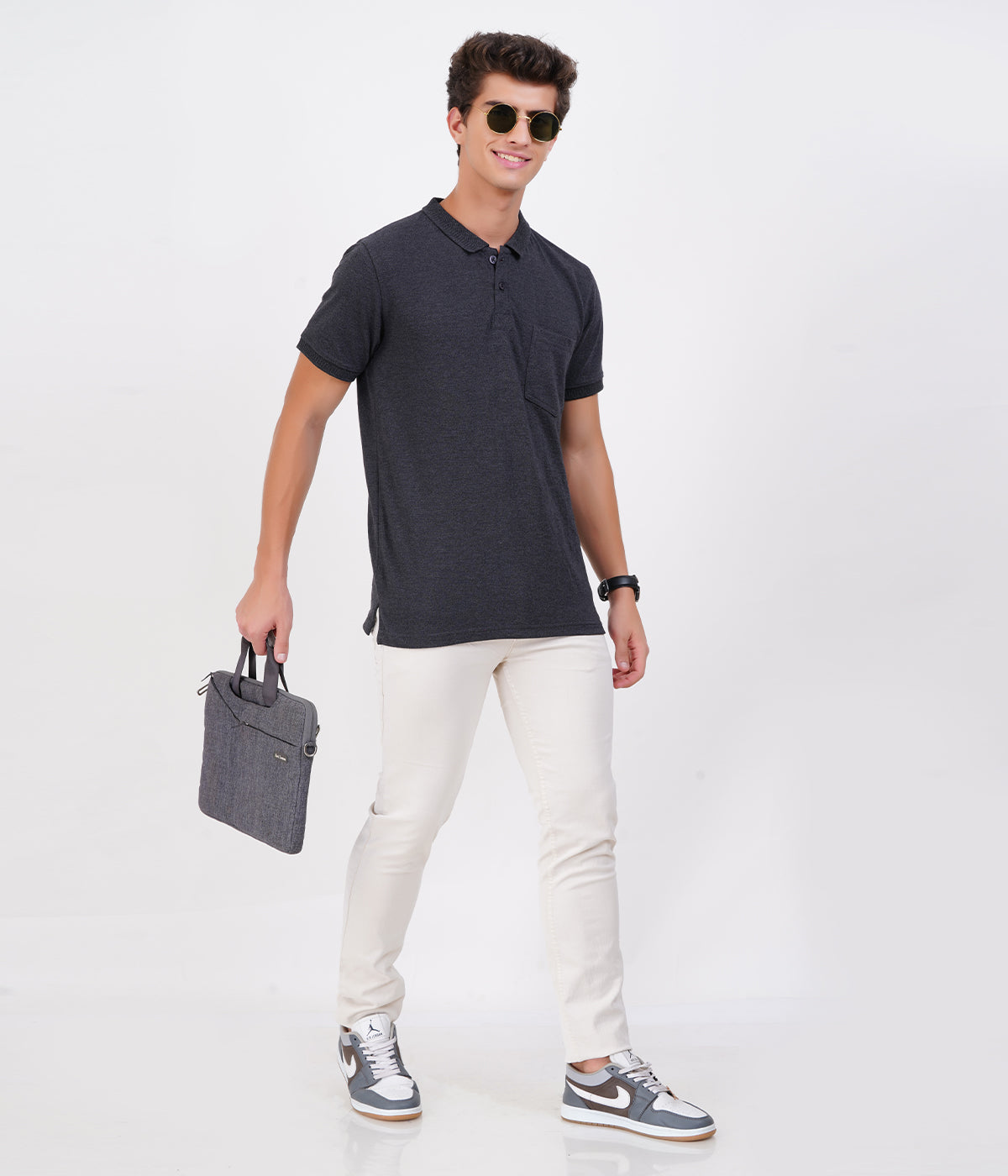 Men’s Charcoal Grey Cotton Collar T-Shirt with Pocket – Bio-Wash Finish
