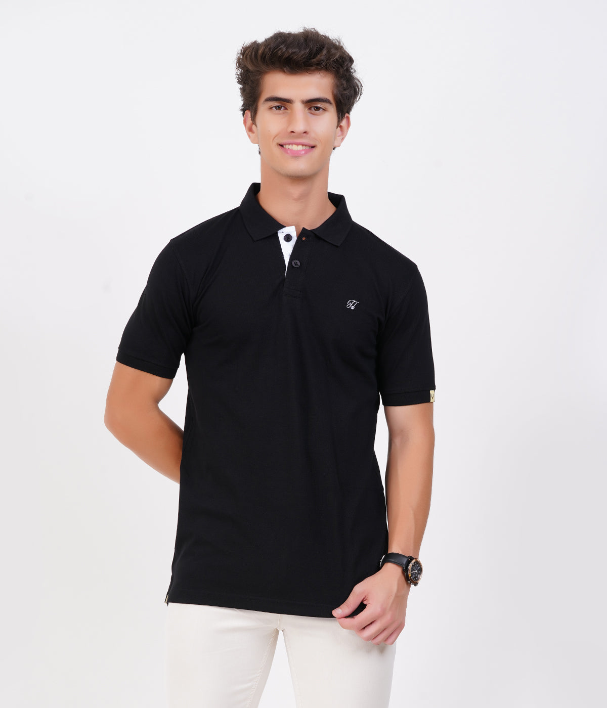 Men’s 100% Cotton Collar T-Shirt – Bio Wash Airtex, Regular Fit (Dark Black)