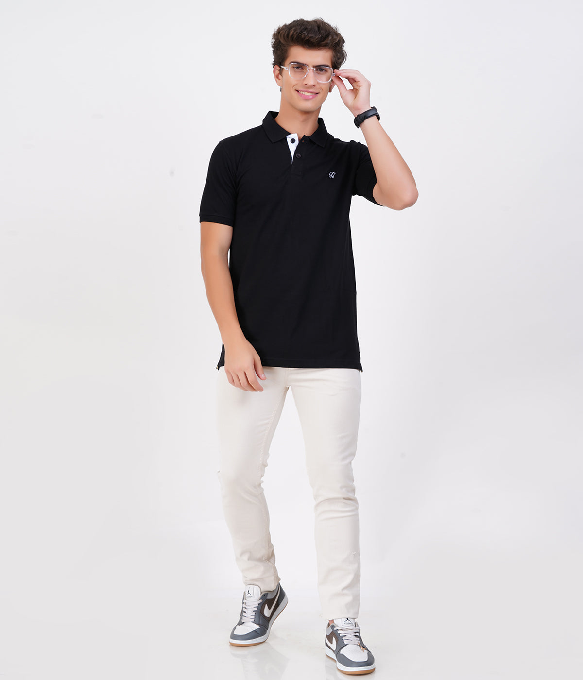 Men’s 100% Cotton Collar T-Shirt – Bio Wash Airtex, Regular Fit (Dark Black)