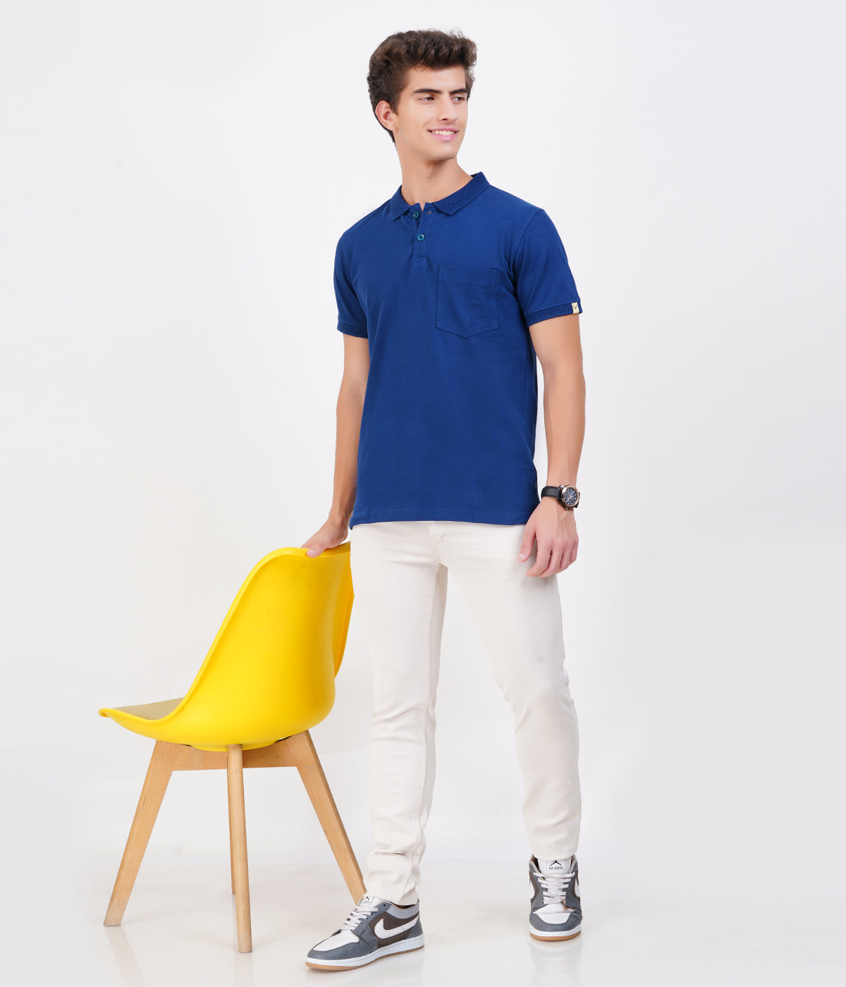 Men’s Navy Blue Cotton Collar T-Shirt with Pocket – Premium Bio-Wash Comfort