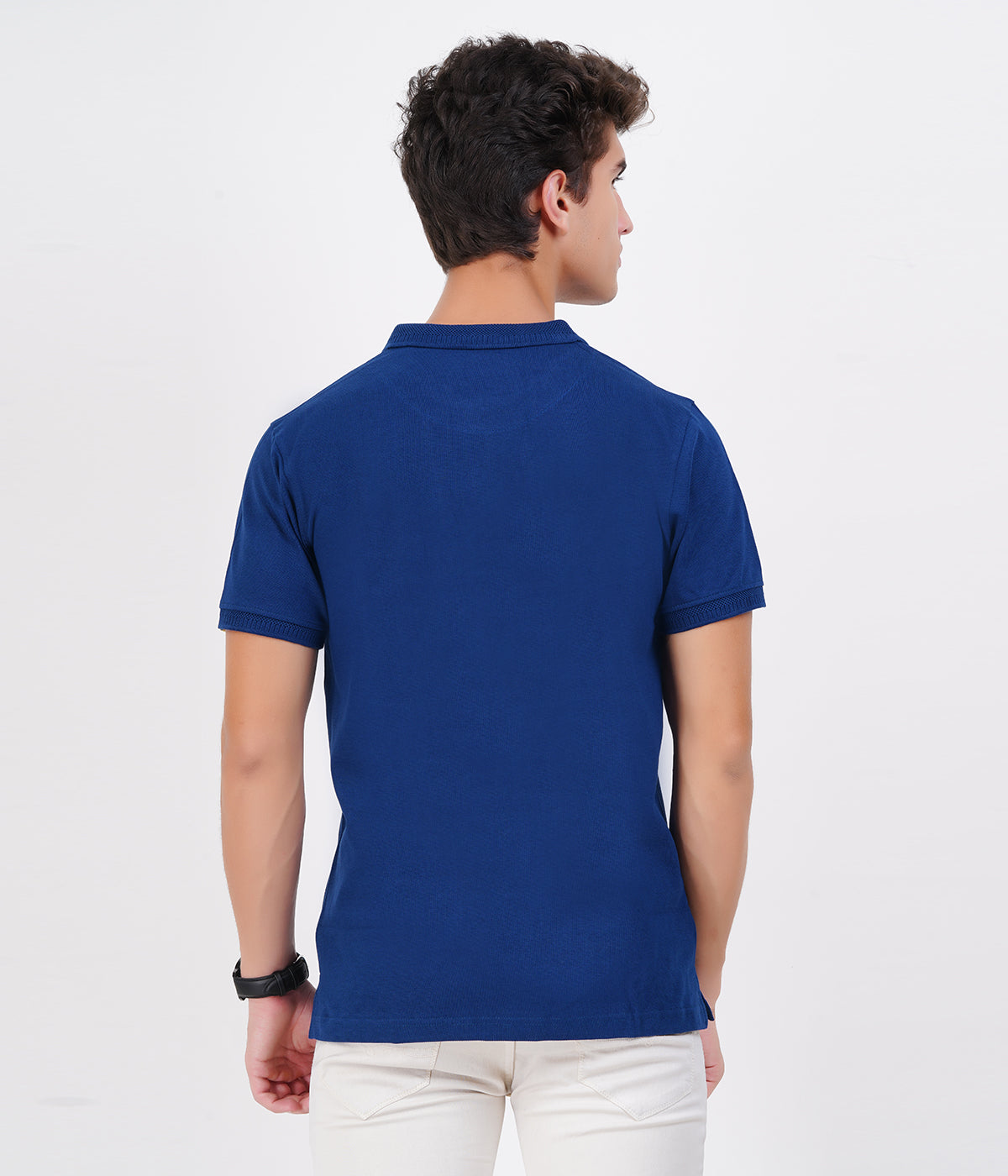 Men’s Navy Blue Cotton Collar T-Shirt with Pocket – Premium Bio-Wash Comfort