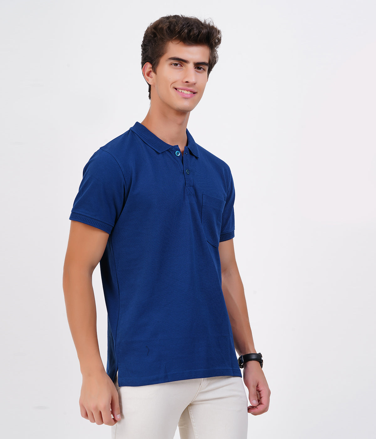 Men’s Navy Blue Cotton Collar T-Shirt with Pocket – Premium Bio-Wash Comfort