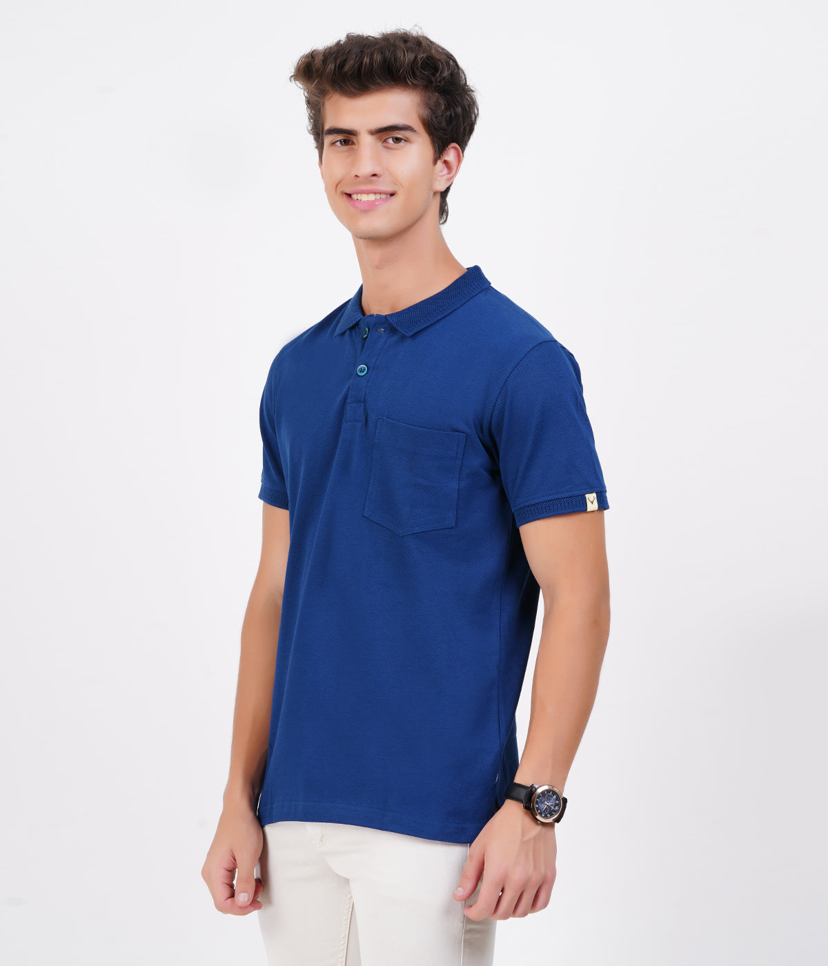 Men’s Navy Blue Cotton Collar T-Shirt with Pocket – Premium Bio-Wash Comfort