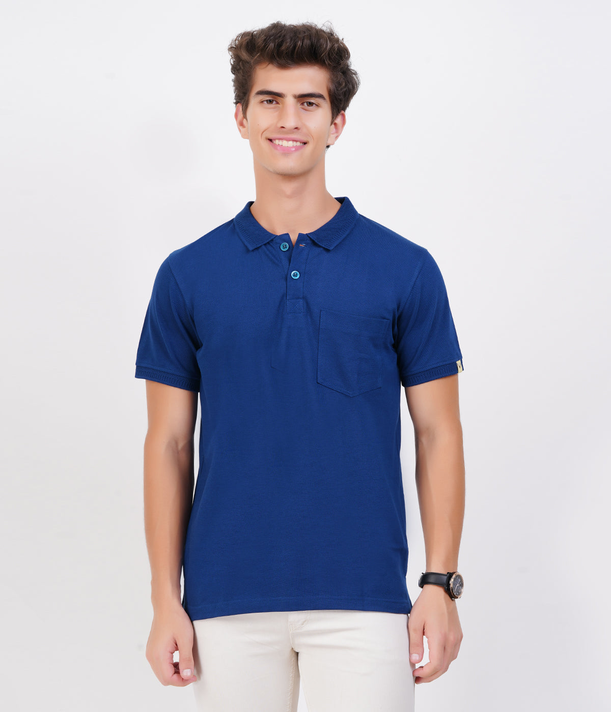 Men’s Navy Blue Cotton Collar T-Shirt with Pocket – Premium Bio-Wash Comfort