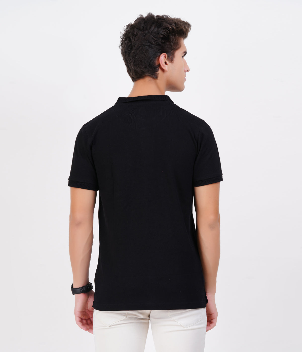 Men’s Black Collar T-Shirt with Pocket – 100% Cotton, Bio-Wash Airtex Comfort