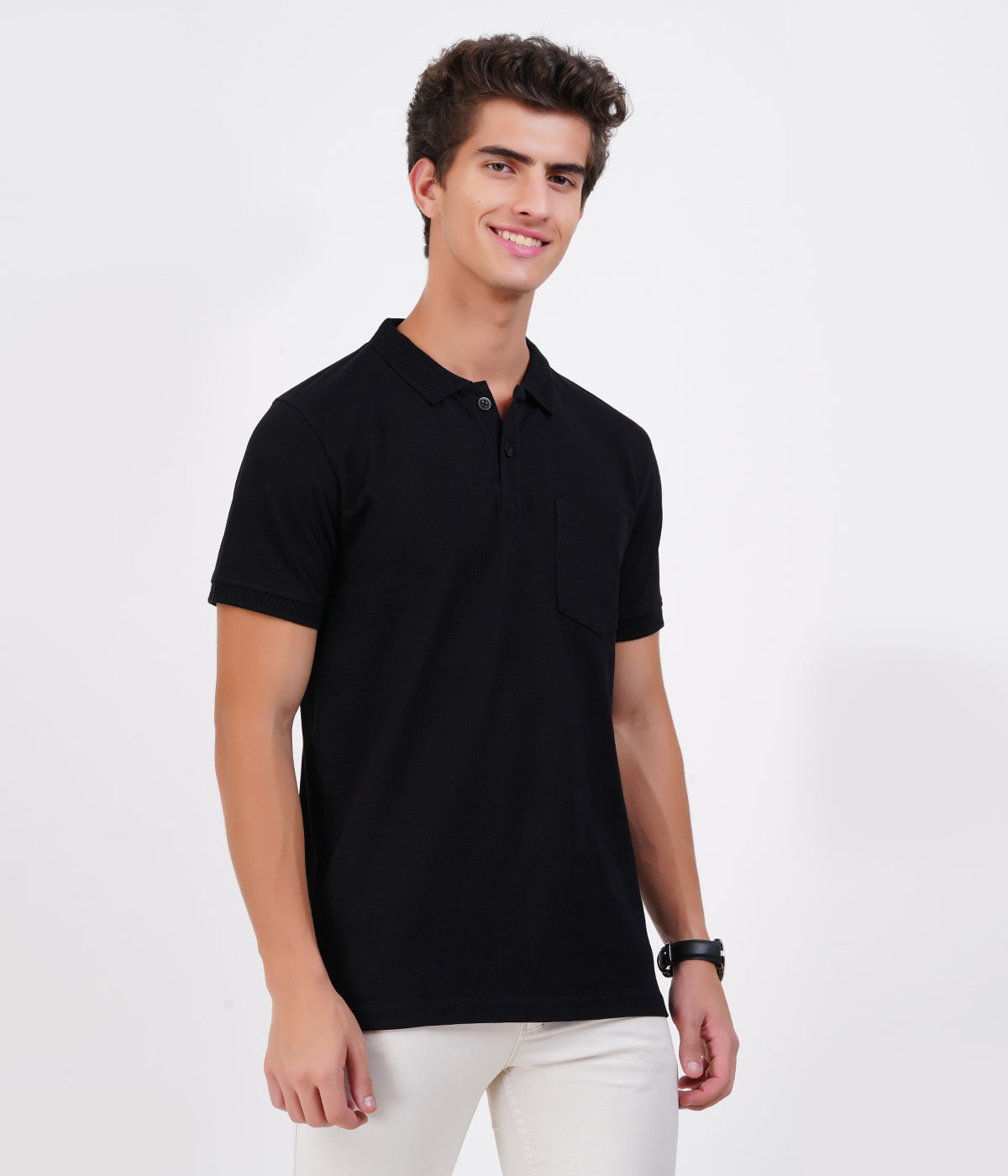Men’s Black Collar T-Shirt with Pocket – 100% Cotton, Bio-Wash Airtex Comfort