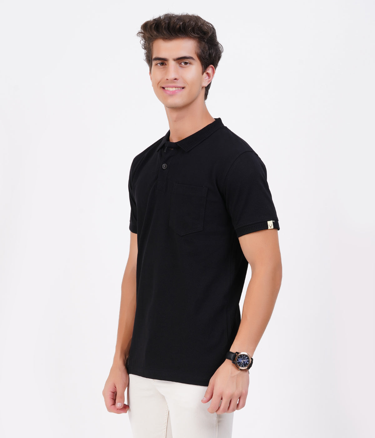 Men’s Black Collar T-Shirt with Pocket – 100% Cotton, Bio-Wash Airtex Comfort