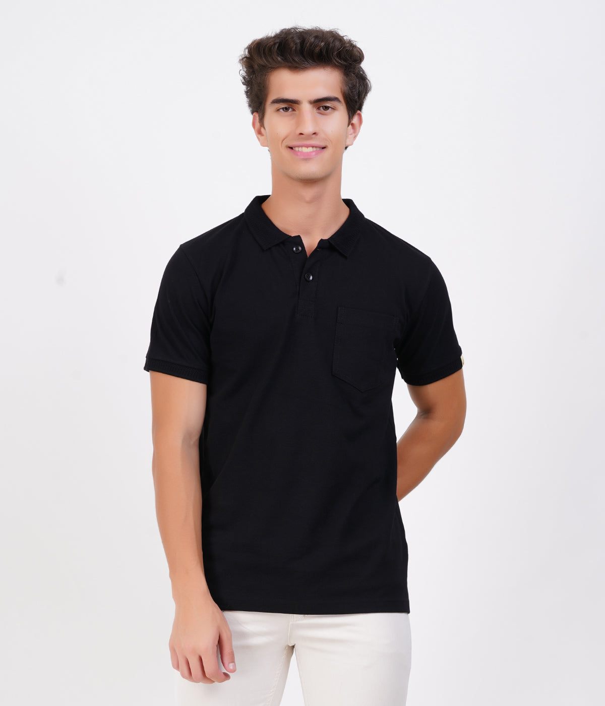 Men’s Black Collar T-Shirt with Pocket – 100% Cotton, Bio-Wash Airtex Comfort