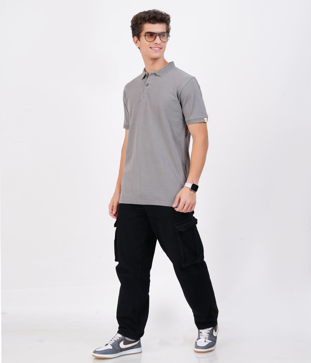 Men’s 100% Cotton Collar T-Shirt – Bio Wash Airtex, Regular Fit (Grey)