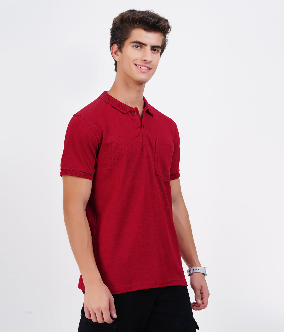 Men’s Maroon Cotton Collar T-Shirt with Pocket – Rich Bio-Wash Fabric