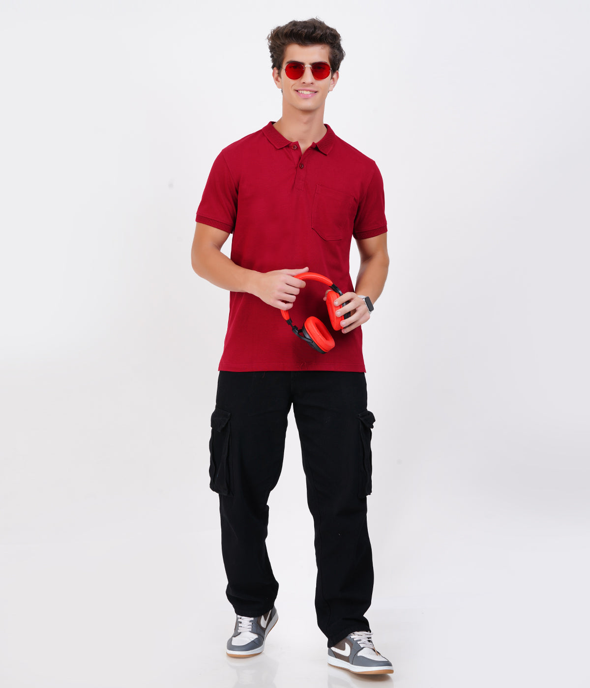 Men’s Maroon Cotton Collar T-Shirt with Pocket – Rich Bio-Wash Fabric
