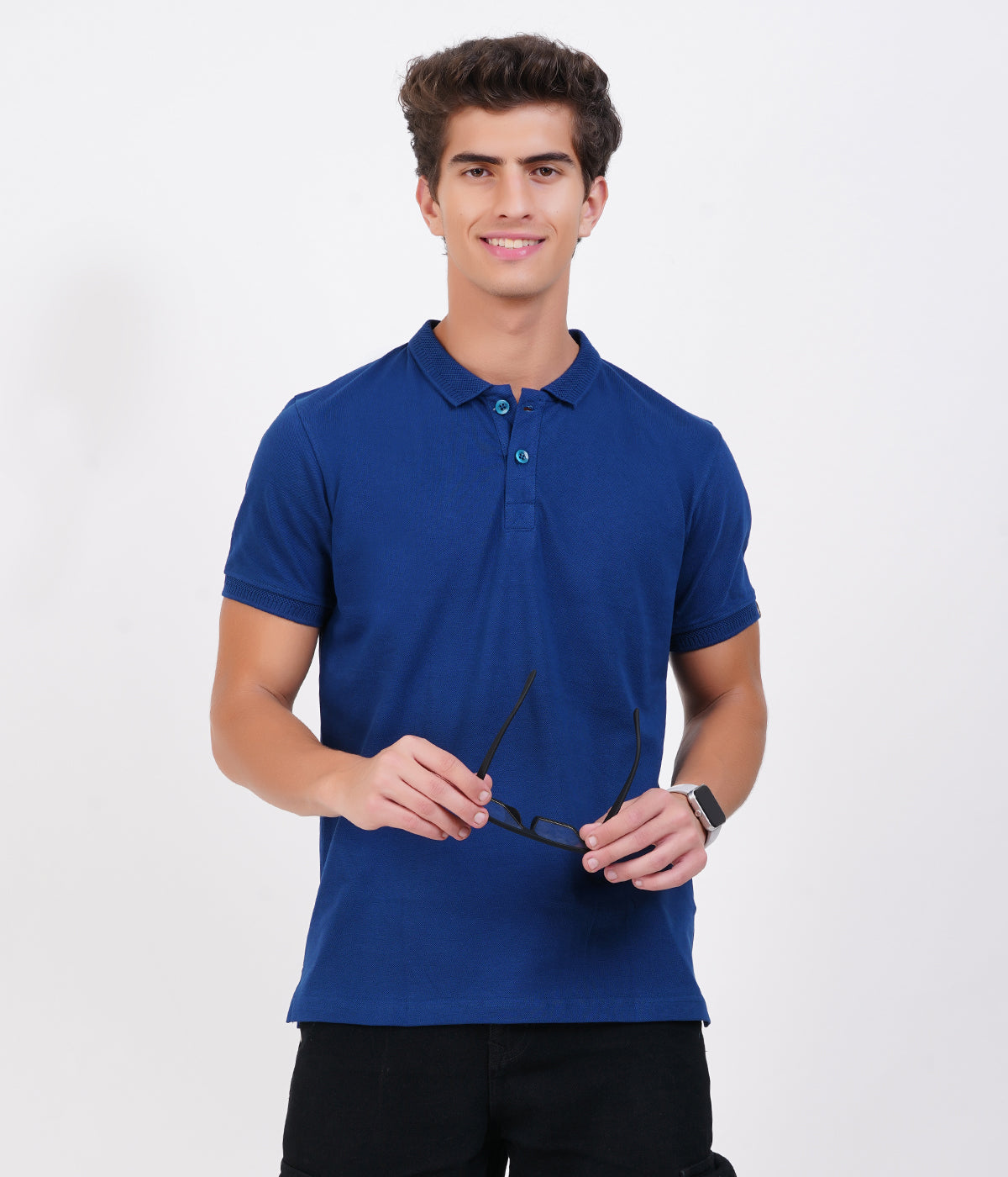 Men’s 100% Cotton Collar T-Shirt – Bio Wash Airtex, Regular Fit (Navy Blue)
