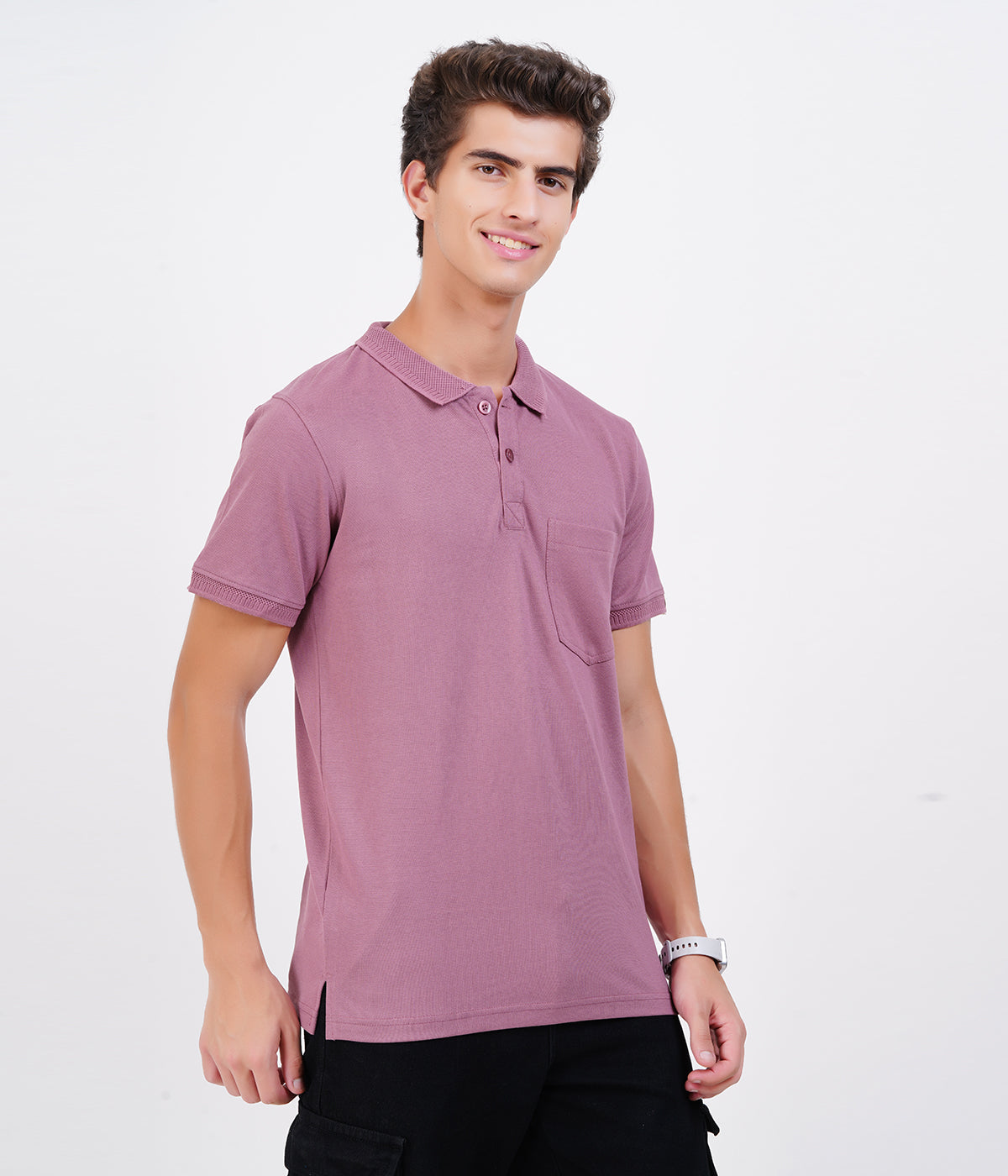 Men’s Light Purple Cotton Collar T-Shirt with Pocket – Soft Bio-Wash Fabric