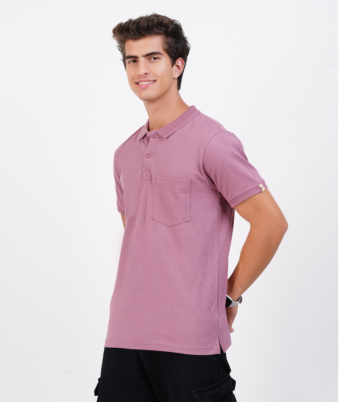 Men’s Light Purple Cotton Collar T-Shirt with Pocket – Soft Bio-Wash Fabric