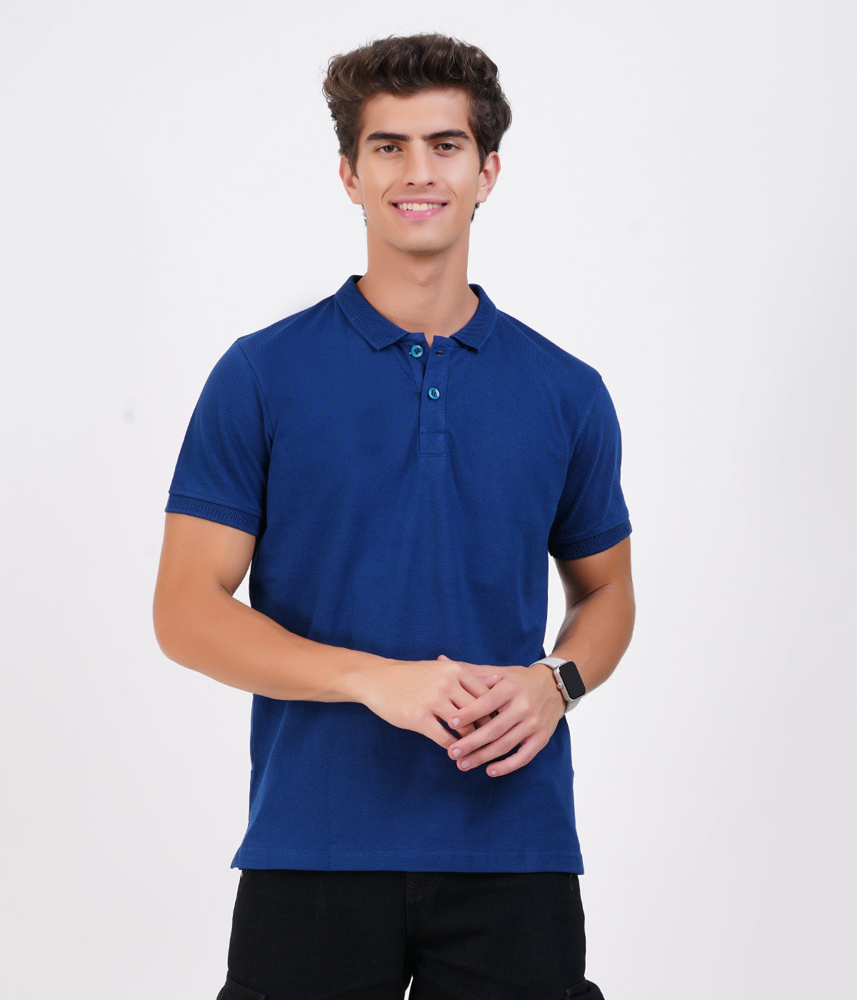 Men’s 100% Cotton Collar T-Shirt – Bio Wash Airtex, Regular Fit (Navy Blue)