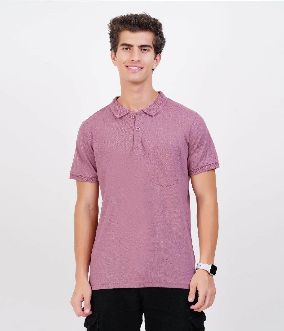 Men’s Light Purple Cotton Collar T-Shirt with Pocket – Soft Bio-Wash Fabric