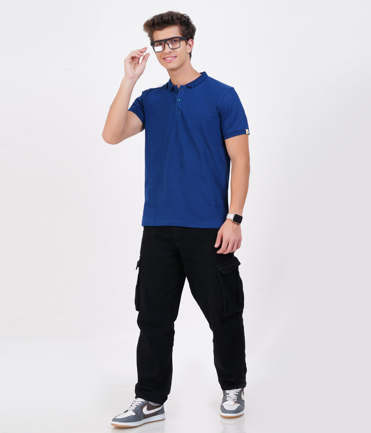 Men’s 100% Cotton Collar T-Shirt – Bio Wash Airtex, Regular Fit (Navy Blue)