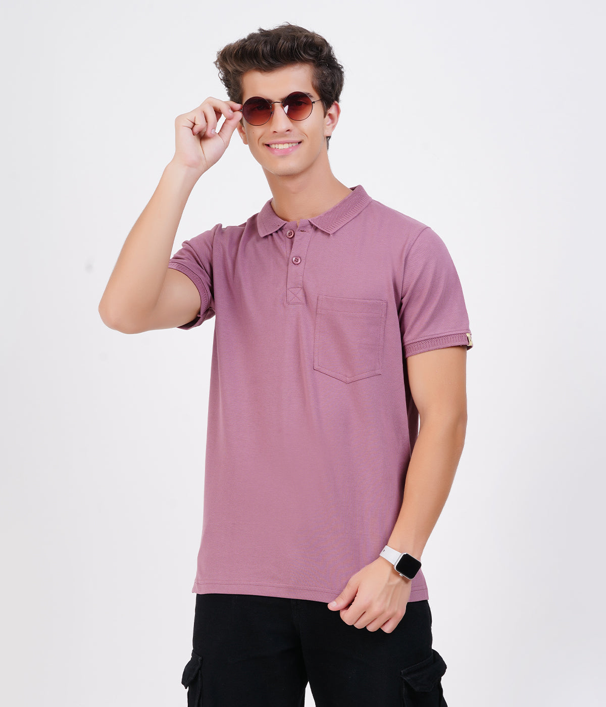 Men’s Light Purple Cotton Collar T-Shirt with Pocket – Soft Bio-Wash Fabric