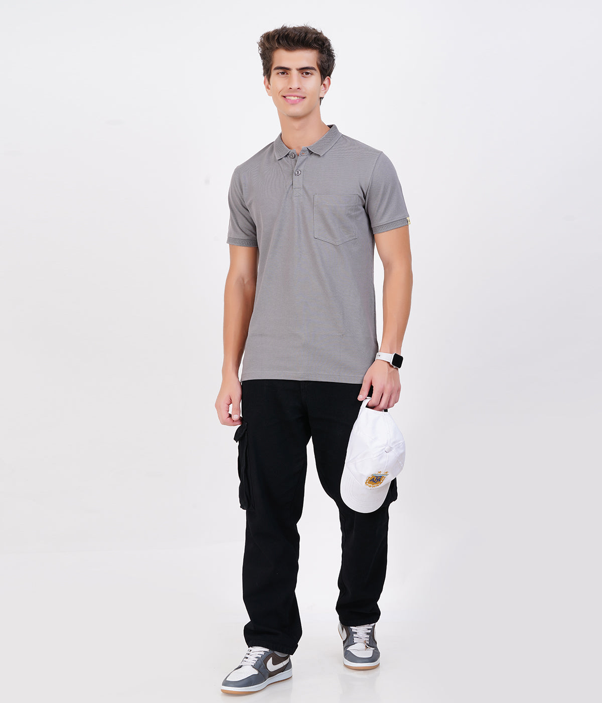 Men’s Grey Cotton Collar T-Shirt with Pocket – Classic Bio-Wash Style