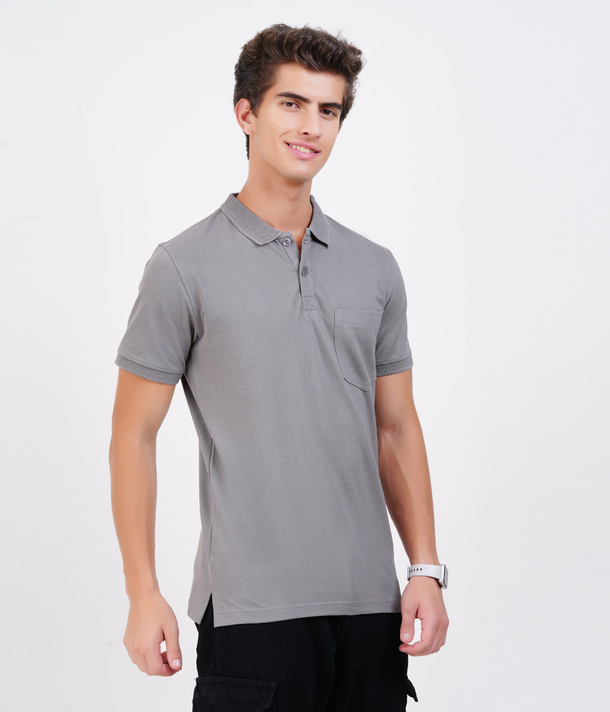 Men’s Grey Cotton Collar T-Shirt with Pocket – Classic Bio-Wash Style