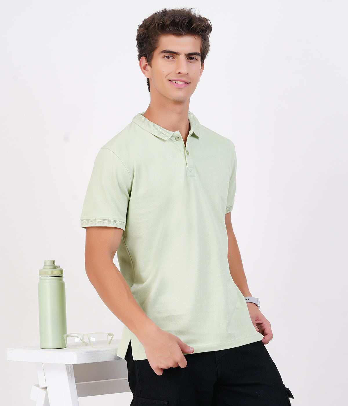 Men’s 100% Cotton Collar T-Shirt – Bio Wash Airtex, Regular Fit (Lime Green)