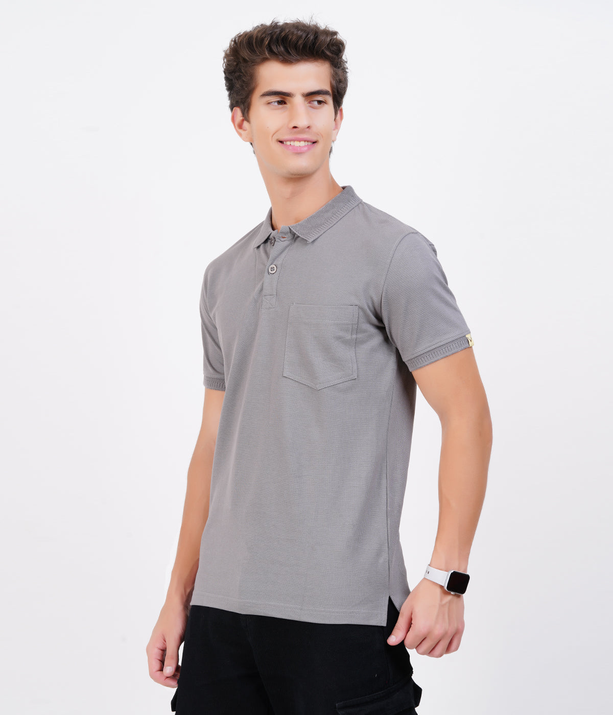Men’s Grey Cotton Collar T-Shirt with Pocket – Classic Bio-Wash Style