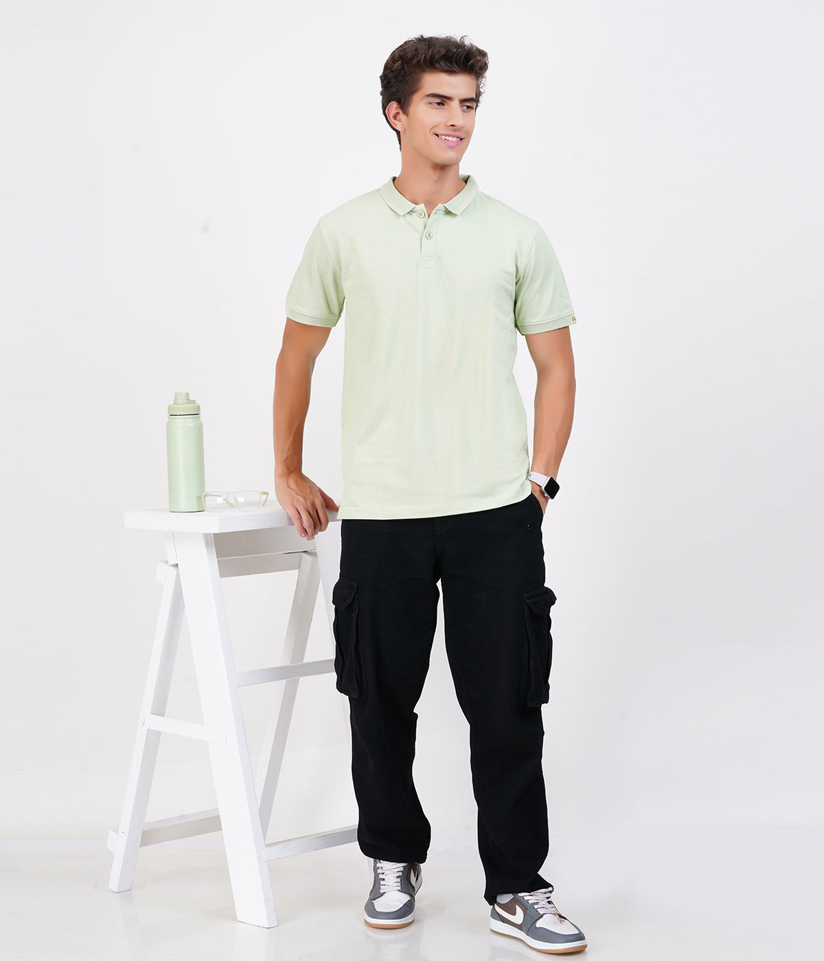 Men’s 100% Cotton Collar T-Shirt – Bio Wash Airtex, Regular Fit (Lime Green)