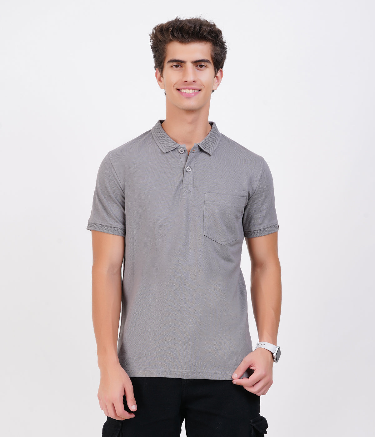 Men’s Grey Cotton Collar T-Shirt with Pocket – Classic Bio-Wash Style