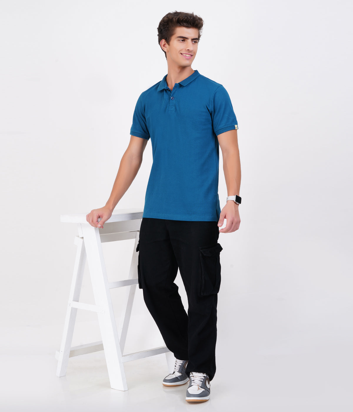 Men’s 100% Cotton Collar T-Shirt – Bio Wash Airtex, Regular Fit (Blue)
