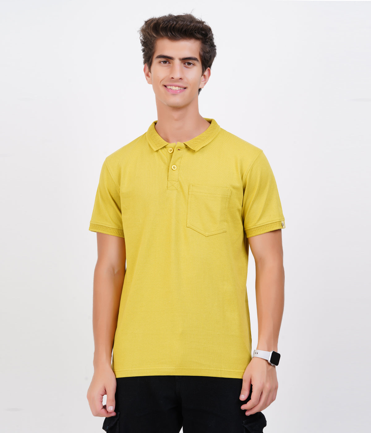Men’s Mustard Yellow Collar T-Shirt with Pocket – Cotton Bio-Wash Style