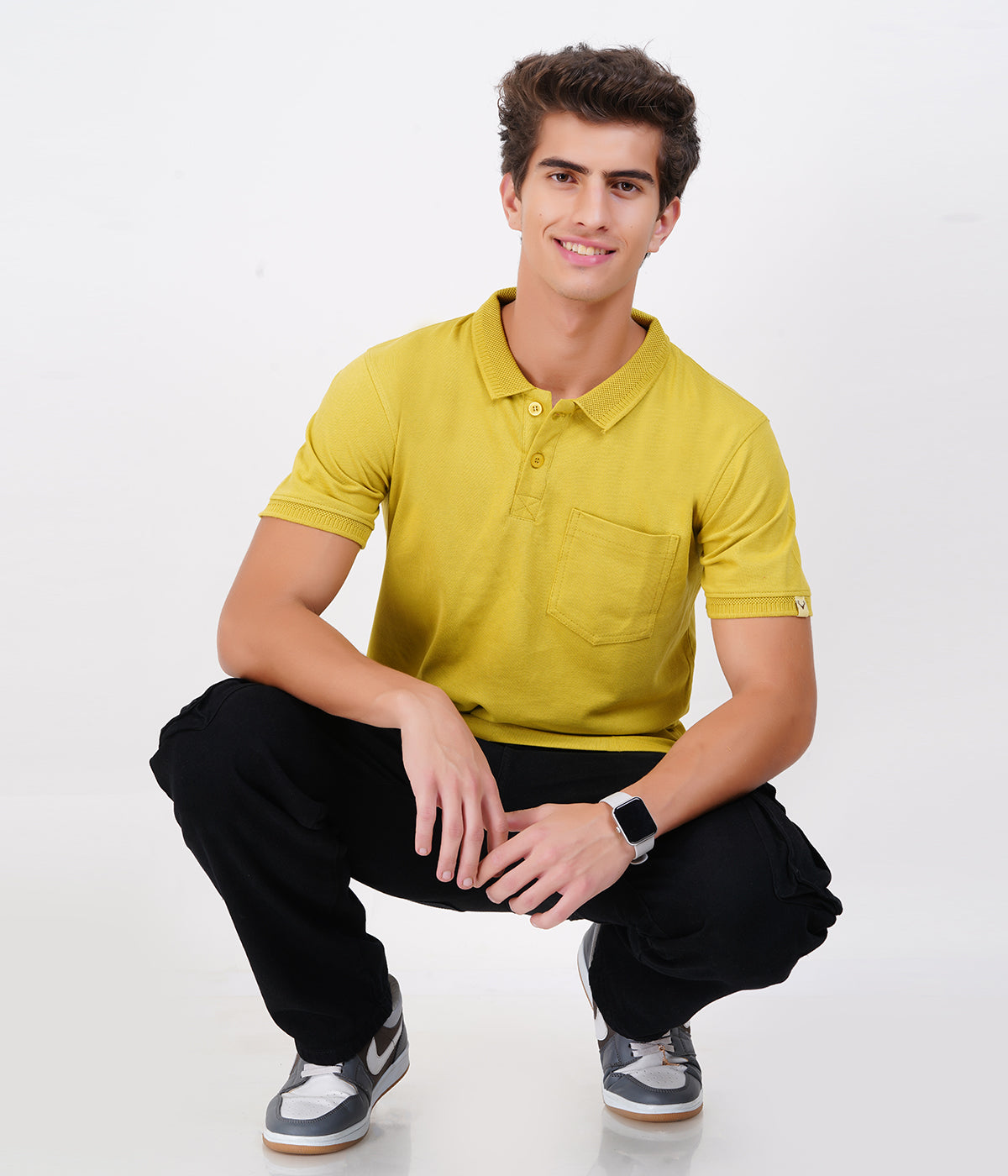 Men’s Mustard Yellow Collar T-Shirt with Pocket – Cotton Bio-Wash Style