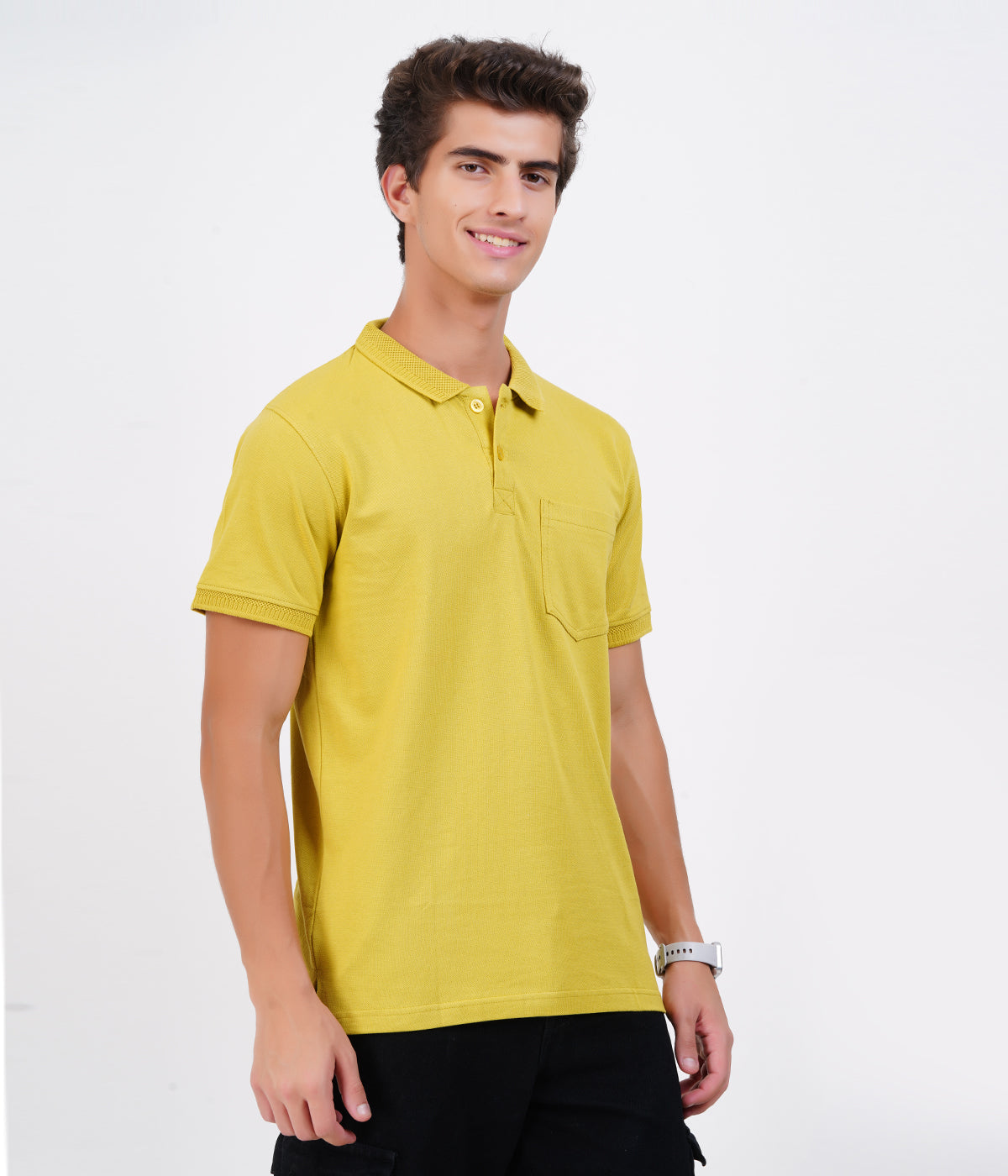 Men’s Mustard Yellow Collar T-Shirt with Pocket – Cotton Bio-Wash Style