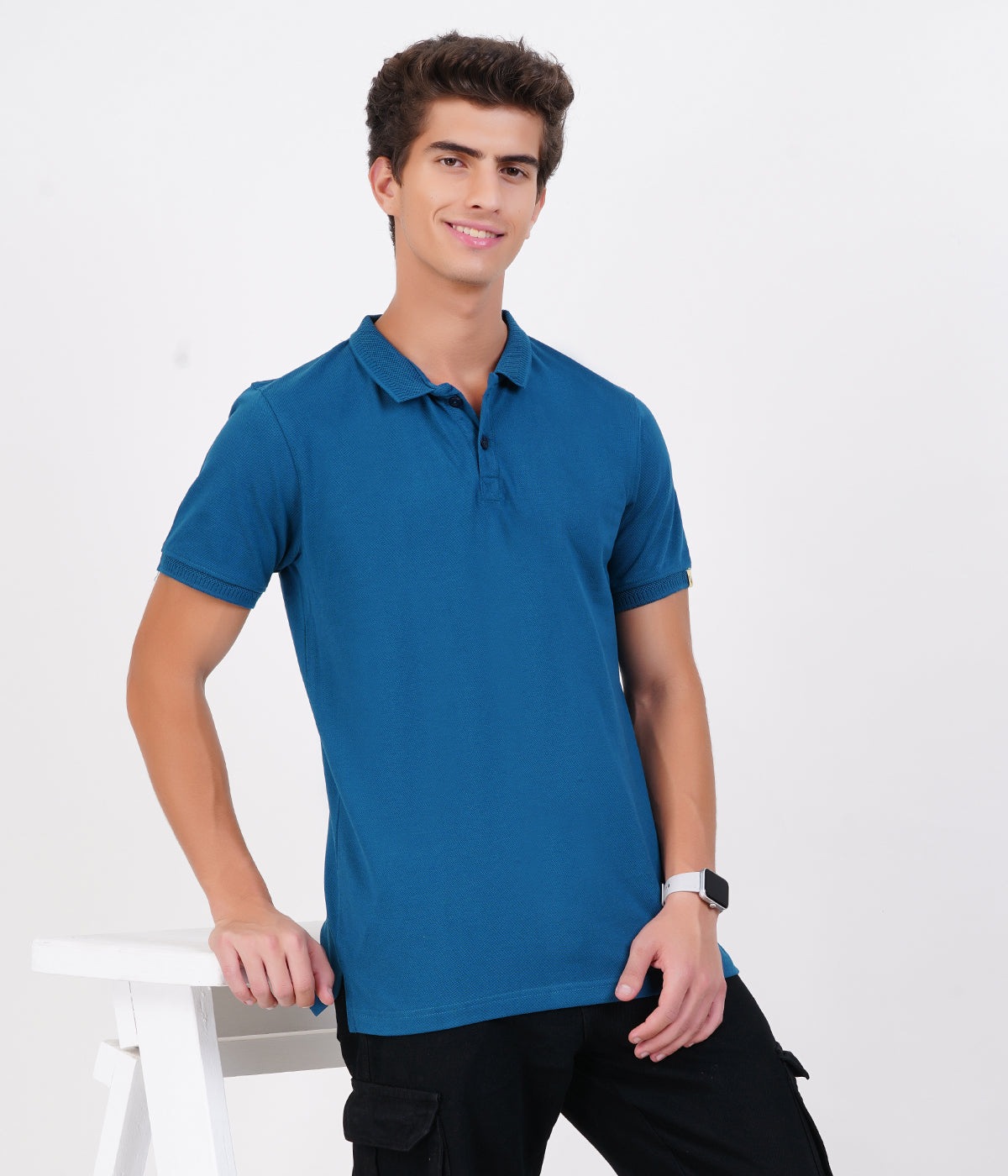 Men’s 100% Cotton Collar T-Shirt – Bio Wash Airtex, Regular Fit (Blue)