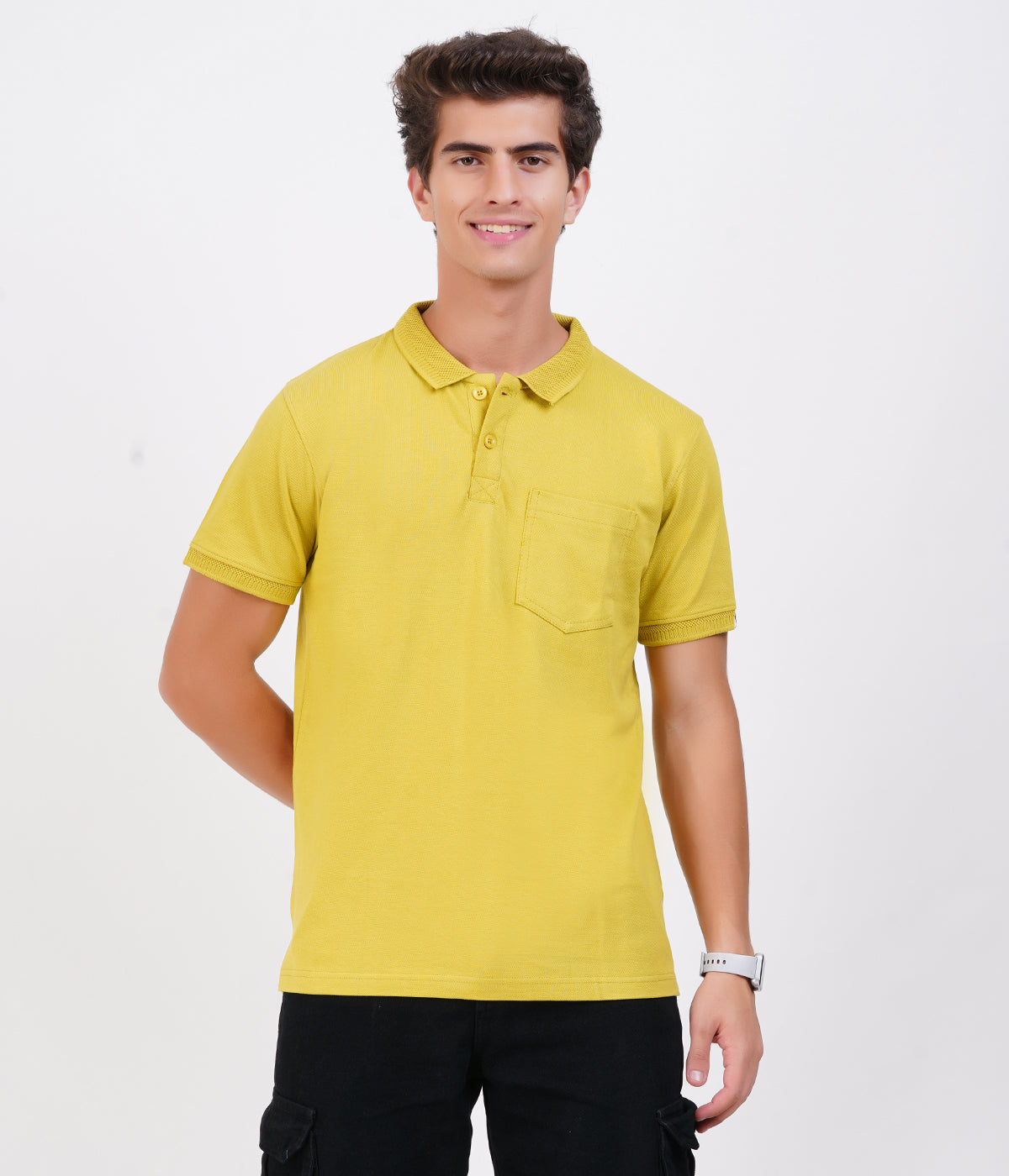 Men’s Mustard Yellow Collar T-Shirt with Pocket – Cotton Bio-Wash Style