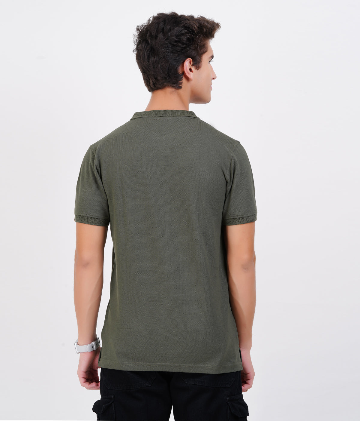 Men’s Dark Green Cotton Collar T-Shirt with Pocket – Bio-Wash Airtex Comfort
