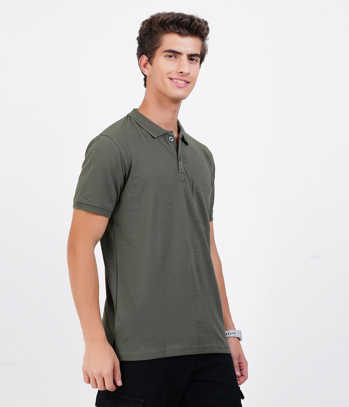 Men’s Dark Green Cotton Collar T-Shirt with Pocket – Bio-Wash Airtex Comfort