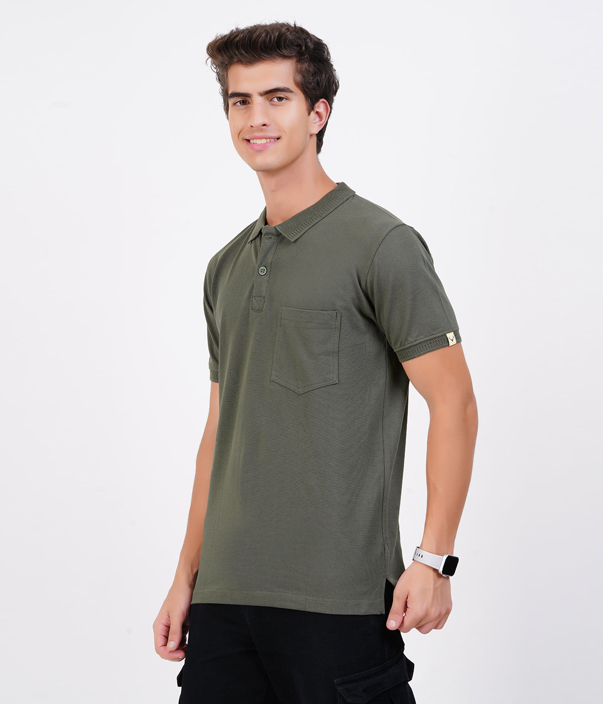 Men’s Dark Green Cotton Collar T-Shirt with Pocket – Bio-Wash Airtex Comfort