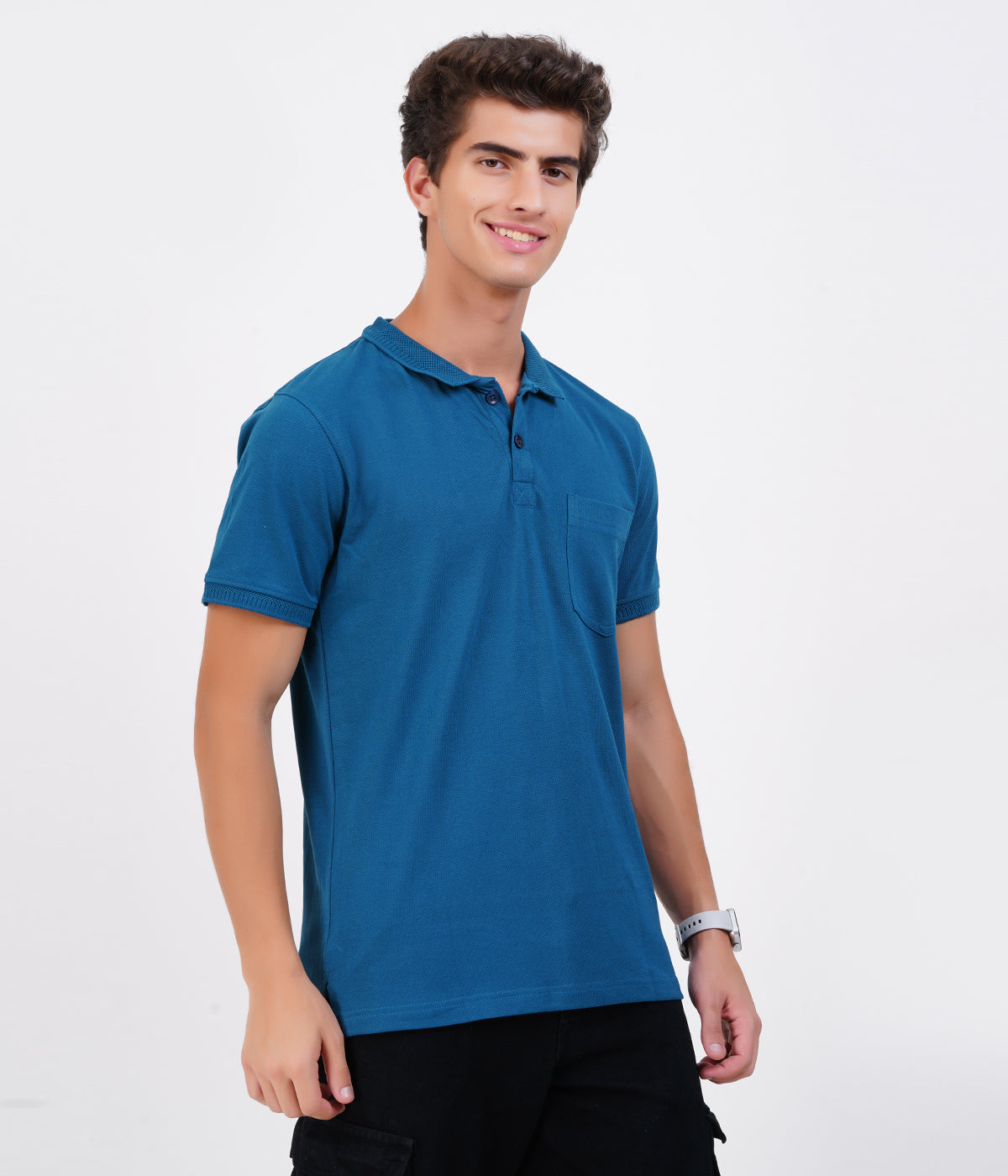 Men’s Blue Collar T-Shirt with Pocket – Soft Cotton Bio-Wash Fabric