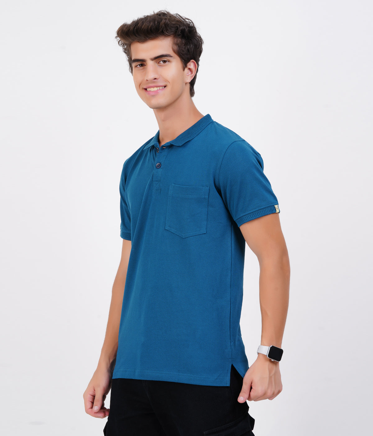 Men’s Blue Collar T-Shirt with Pocket – Soft Cotton Bio-Wash Fabric