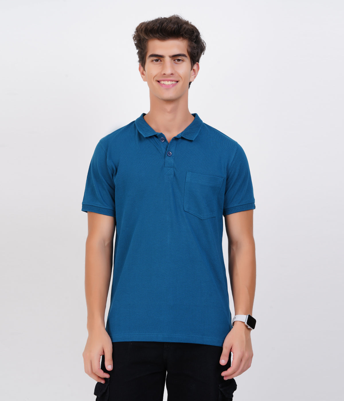 Men’s Blue Collar T-Shirt with Pocket – Soft Cotton Bio-Wash Fabric