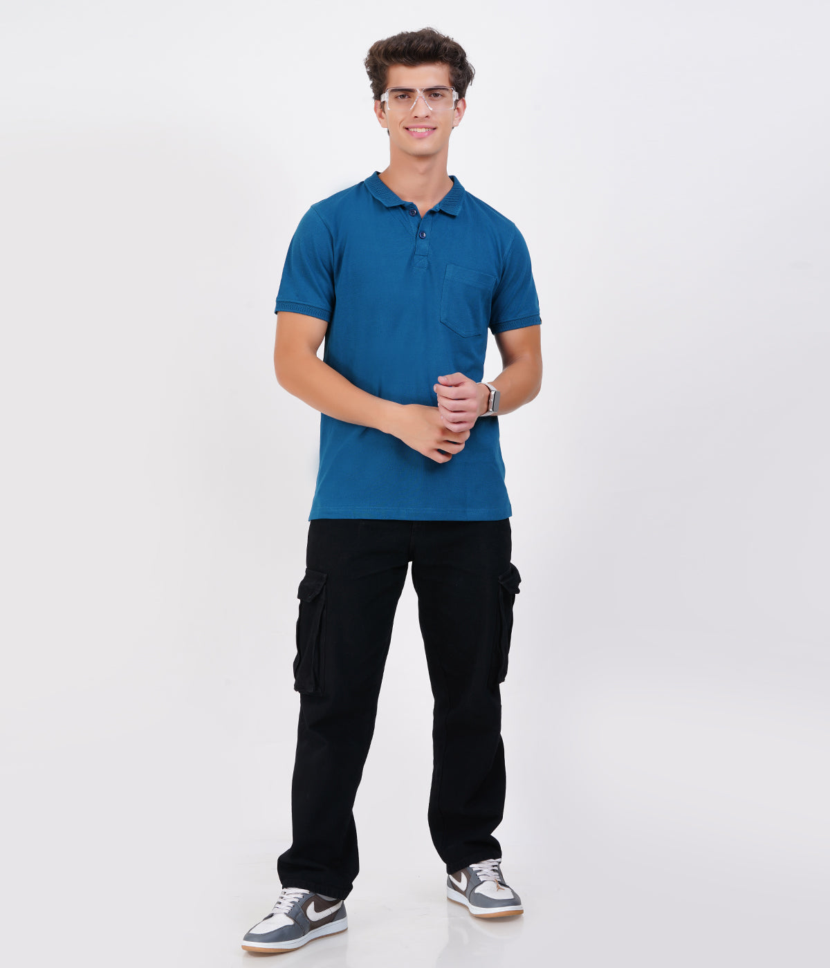 Men’s Blue Collar T-Shirt with Pocket – Soft Cotton Bio-Wash Fabric
