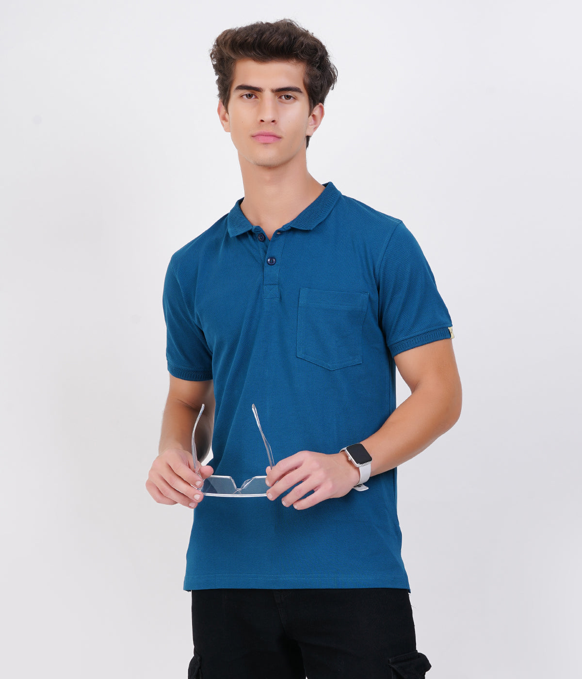 Men’s Blue Collar T-Shirt with Pocket – Soft Cotton Bio-Wash Fabric