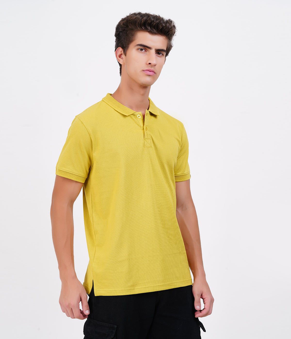 Men’s 100% Cotton Collar T-Shirt – Bio Wash Airtex, Regular Fit (Mustard Yellow)